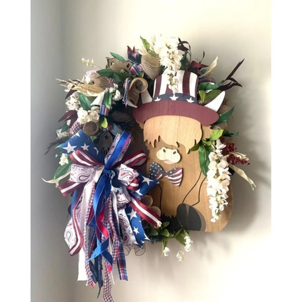 Grand Patriotic Highland Cow‎ Wreath Patriotic Americana Decor